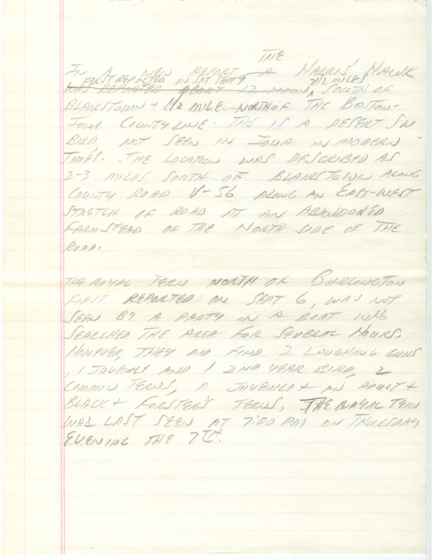 Notes for the Iowa Birdline update for September 4, 1989. Highlights include the sighting of a Harris' Hawk, Laughing Gulls and Red Knots.