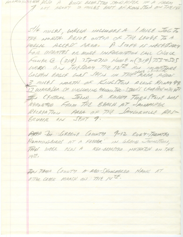 Notes for the Iowa Birdline update for September 12, 1989. Highlights include continued sightings of a Harris' Hawk, and the sightings of a Golden Eagle and Buff-breasted Sandpiper.