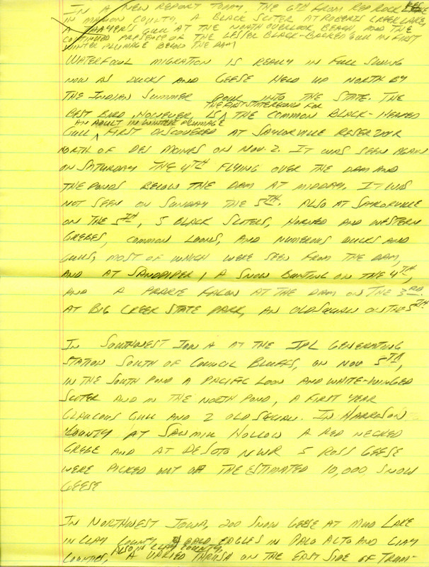 Notes for the Iowa Birdline update for November 6, 1989. Highlights include the sighting of a Black-headed Gull as waterfowl migration reaches full swing.