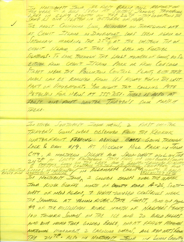 Notes for the Iowa Birdline update for November 27, 1989. Highlights include the first Barn Owl sighting of the year and continued sightings of a California Gull.