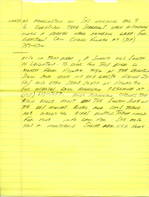 Notes for the Iowa Birdline update for December 4, 1989. Highlights include Common Redpoll sightings and several raptor reports.