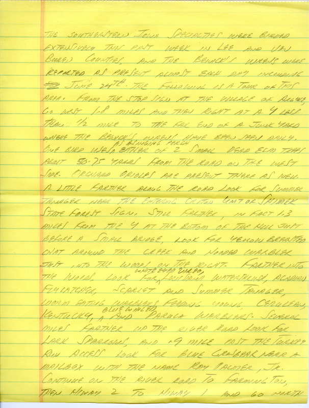 Notes for the Iowa Birdline update for June 25, 1990. Highlights of the update include sightings of Bewick's Wrens, a Summer Tanager, a Yellow-breasted Chat, a Mississippi Kite, and a Pileated Woodpecker. Also of note were observations of many varieties of Sparrows, Warblers and Ducks.