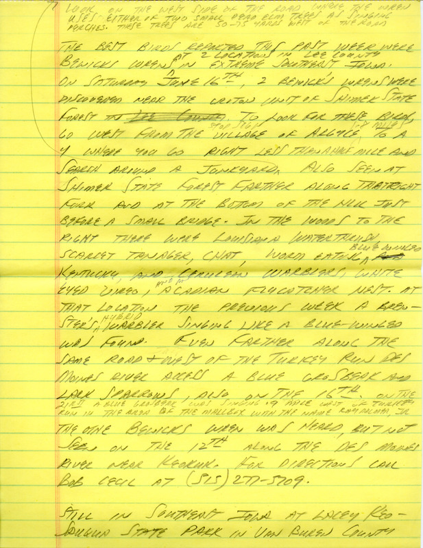 Notes for the Iowa Birdline update for June 18, 1990. Highlights of the update include sightings of Bewick's Wrens, Lesser Yellowlegs, a Least Tern, and a Swainson's Hawk. Also of note were observations of 90 species during a breeding survey near Cedar Rapids, including three Willow Flycatchers, an Alder Flycatcher, and a Black-and-white Warbler.