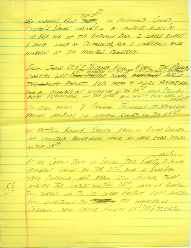 Notes for the Iowa Birdline update for May 28, 1990. Highlights of the update include sightings of a nesting Cooper's Hawk, an immature Broad-winged Hawk, a Eurasian Tree Sparrow, and a Common Loon. Also of note was the near completion of passerine migration, with the exceptions of a few late Warblers and Flycatchers.