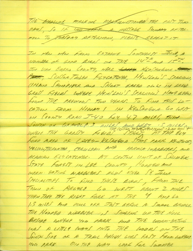 Summary for the Iowa Birdline update for May 13, 1990. Highlights of the update include two reports of Western Kingbirds from further east in the state than they are usually seen and a noticeable increase in the number of Warbler sightings statewide. Also of note were sightings of a Scissor-tailed Flycatcher, a Sandhill Crane, and a Mississippi Kite flyover. In addition, there were reports of many species of shorebirds, including 3 Wilson's Phalaropes and 20 Hudsonian Godwits.