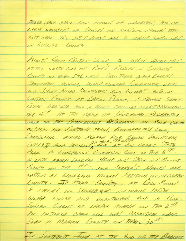 Notes for the Iowa Birdline update for May 8, 1990. Highlights of the update include sightings of two White-faced Ibis, a lingering Common Loon, a late Rough-legged Hawk, and nesting Cooper's Hawks. Also of note was the recovery of an injured Barn Owl and the presence of several species of shorebirds.