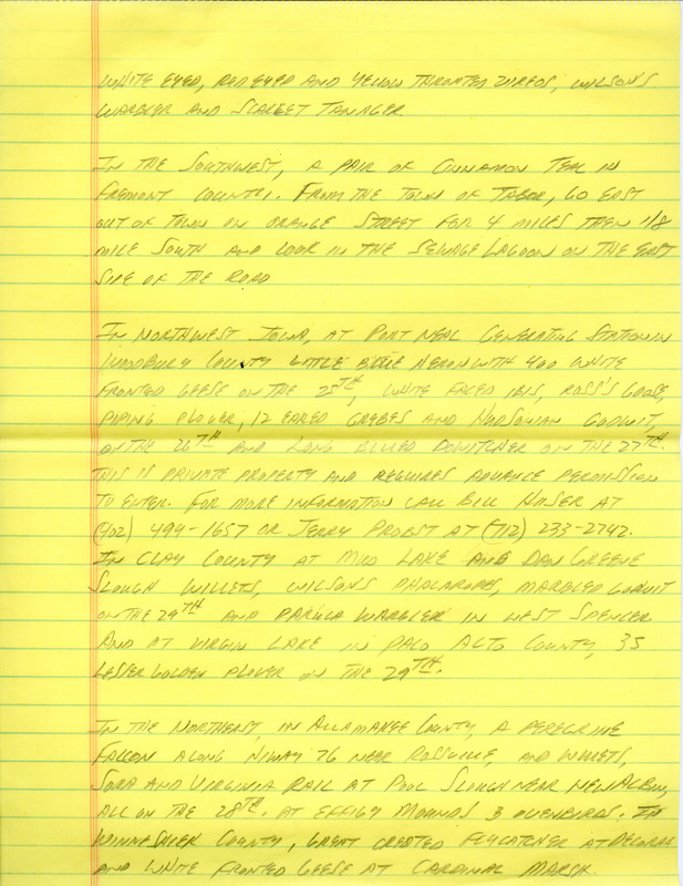 Notes for the Iowa Birdline update for April 30, 1990. Highlights of the update include sightings of a White-faced Ibis, a Little Blue Heron, a Peregrine Falcon, and a pair of Cinnamon Teals. Also of note was a brief appearance of a Snowy Plover and the presence of several species of shorebirds, Ducks, and Warblers.