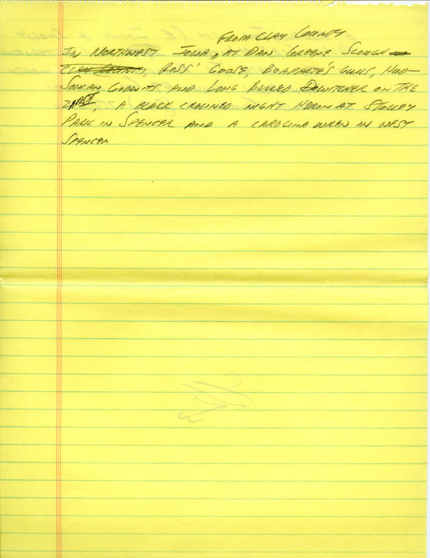 Notes for the Iowa Birdline update for April 23, 1990. Highlights of the update include sightings of a Snowy Plover, a Northern Mockingbird, a Blue-gray Gnatcatcher, and two White-winged Crossbills. Also of note was the presence of only one Smith's Longspur when there had been several hundred observed in the preceding weeks. In addition, there were sightings of several species of shorebirds and Warblers.