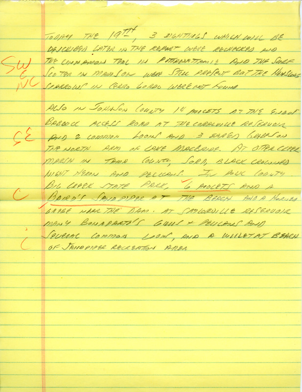 Notes for the Iowa Birdline update for April 16, 1990. Highlights of the update include sightings of a Baird's Sandpiper, a Le Conte's Sparrow, a Long-tailed Duck, a Red-shouldered Hawk, and Cattle Egrets. Also of note was the beginning of passerine and shorebird migration, with several new migrants being reported, including a Brown Thrasher, a Purple Martin, and Savannah Sparrows.