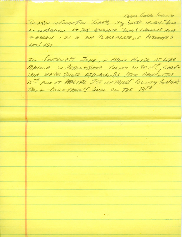 Notes for the Iowa Birdline update for April 9, 1990. Highlights of the update include the first reports of common migrants appearing in the state, including Winter Wren, Hermit Thrush, Yellow-rumped Warbler, Chipping Sparrow, and Ruby-crowned Kinglet. Also of note was the continued presence of Smith's Longspurs and Lapland Longspurs.