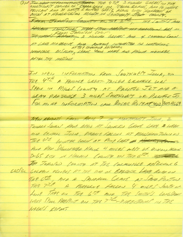 Notes for the Iowa Birdline update for April 2, 1990. Highlights of the update include the appearance of several migrants including Field Sparrow, Turkey Vultures, Tree Swallow, Golden-crowned Kinglet, and Common Loons. Also of note was the continued presence of Smith's Longspurs and numerous reports of Ducks, Geese, and Swans.