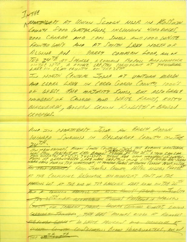 Notes for the Iowa Birdline update for March 26, 1990. Highlights of the update include many reports from the height of waterfowl migration, one sighting in particular was comprised of 8000 waterfowl, including 4000 Ducks, 2000 Canada Geese, 1000 Snow Geese, and 1000 White-fronted Geese. Also of note were sightings of flocks of Smith's Longspurs, an early Common Loon, and an early Rough-winged Swallow.