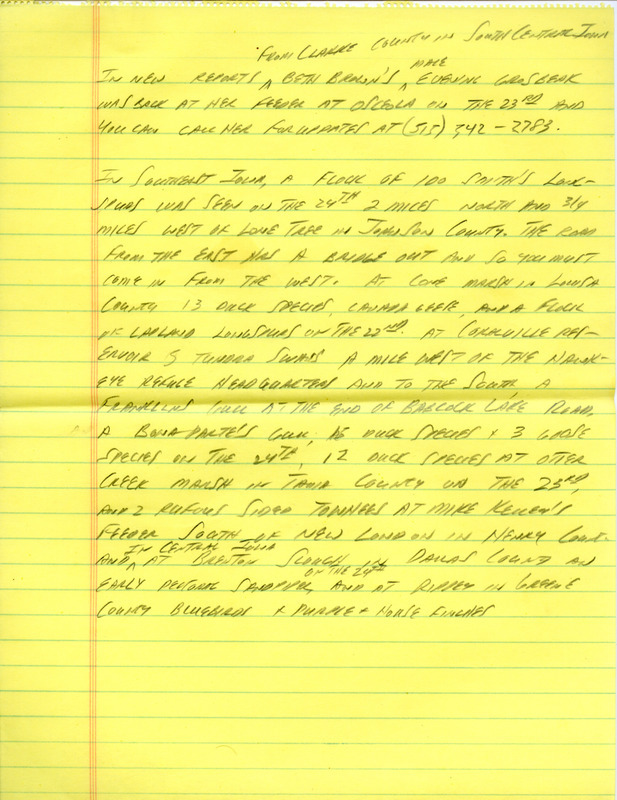 Notes for the Iowa Birdline update for March 19, 1990. Highlights of the update include sightings of an Evening Grosbeak, 20 Purple Finches, 60 Fox Sparrows, and a flock of 100 Smith's Longspurs. Also of note were reports of many species of Ducks, including a Black Duck as well as sightings of an estimated 10,000 Ring-billed Gulls and 10,000 Snow Geese.