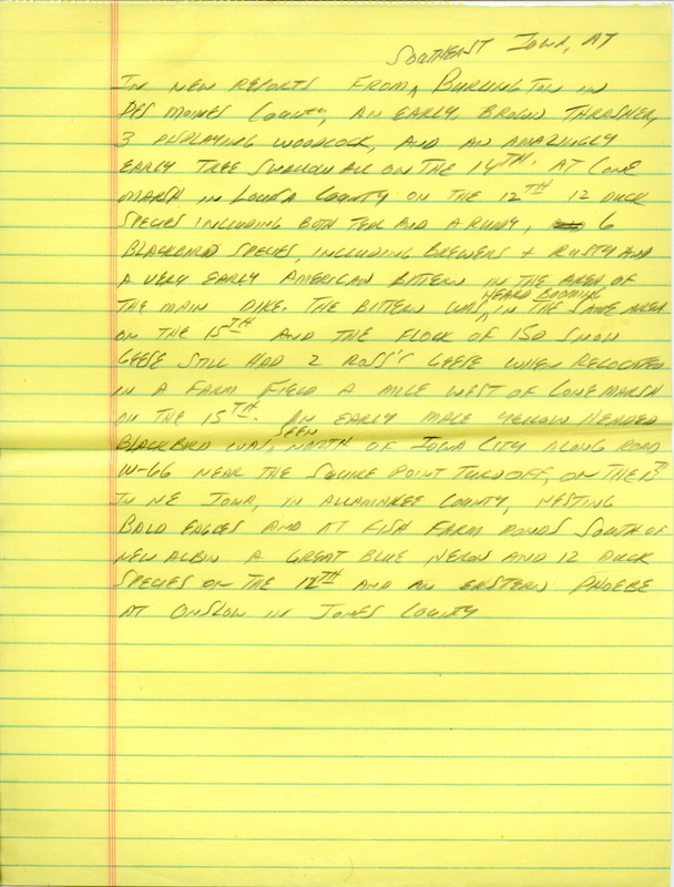 Notes for the Iowa Birdline update for March 12, 1990. Highlights of the update include sightings of waterfowl, Blackbirds, Bluebirds, Robins, Meadowlarks, and Killdeer being reported from all across the state. Also of note were observations of an Iceland Gull and a Red-necked Grebe.