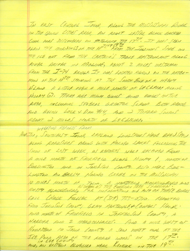 Notes for the Iowa Birdline update for February 19, 1990. Highlights of the update include sightings of an adult Lesser Black-backed Gull, an early Horned Grebe, an adult Tundra Swan, a Prairie Falcon, and a Pileated Woodpecker. Also of note was the return of an Evening Grosbeak to a feeder and a sighting of a Franklin's Gull in breeding plumage.