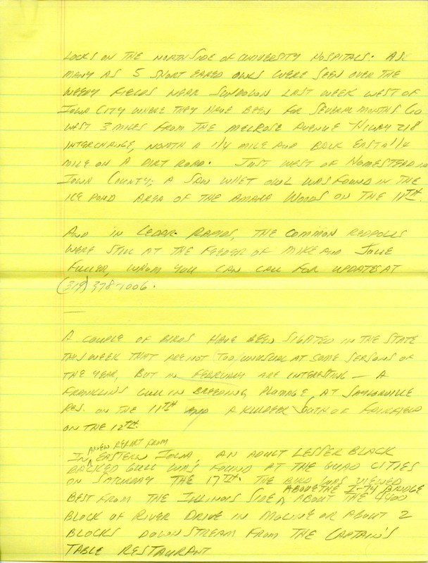 Notes for the Iowa Birdline update for February 12, 1990. Highlights of the update include numerous reports of Ducks and Gulls returning to the state including Hooded Mergansers, Bufflehead, Ring-billed Gulls, Herring Gulls, and a Glaucous Gull. Also of note were unusual February sightings of a Franklin's Gull and a Killdeer.