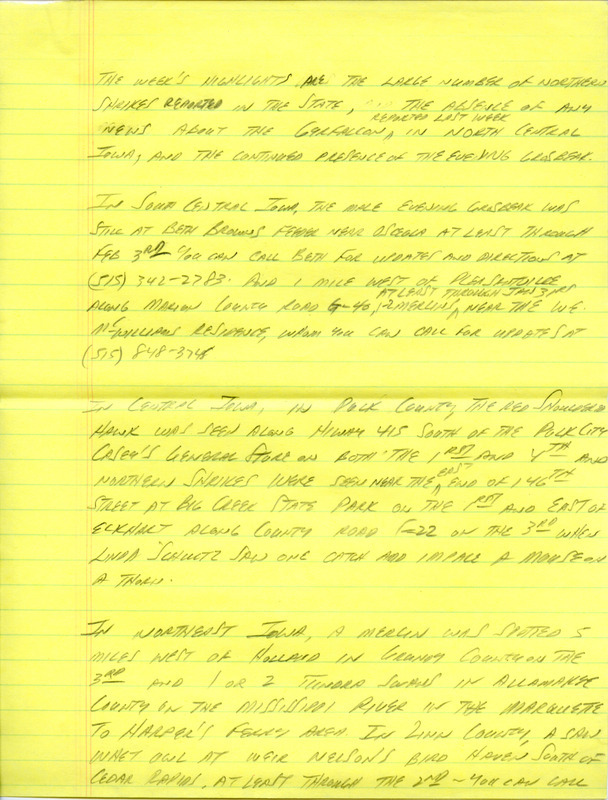 Notes for the Iowa Birdline update for February 5, 1990. Highlights of the update include the large numbers of Northern Shrikes being reported in the state and the continued presence of an Evening Grosbeak. Also of note were sightings of a Red-shouldered Hawk, Merlins, 8 White-winged Crossbills and 250 Red-winged Blackbirds.