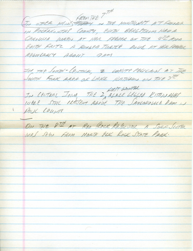 Email of the Iowa Birdline update for December 3-6, 1990. Highlights of the update include sightings of an immature male Yellow Grosbeak, a female Merlin, a Harris' Sparrow, and White-winged Scoters. Also included are handwritten notes for the next week's update with sightings of a Carolina Wren and continued presence of 2 first winter Black-legged Kittiwakes.