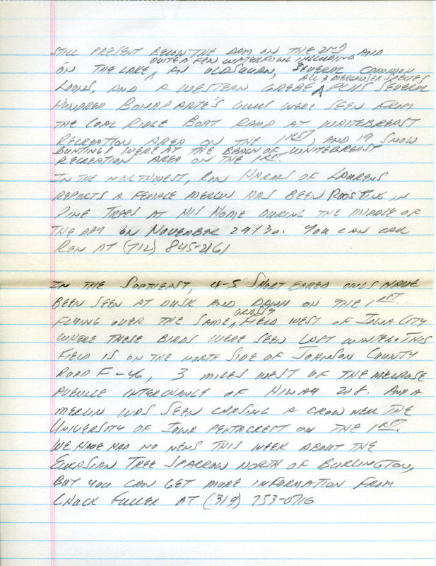 Notes for the Iowa Birdline update for December 3, 1990. Highlights of the notes include an immature male Yellow Grosbeak, Short-eared Owls, a female Merlin, and several hundred Bonaparte's Gulls.