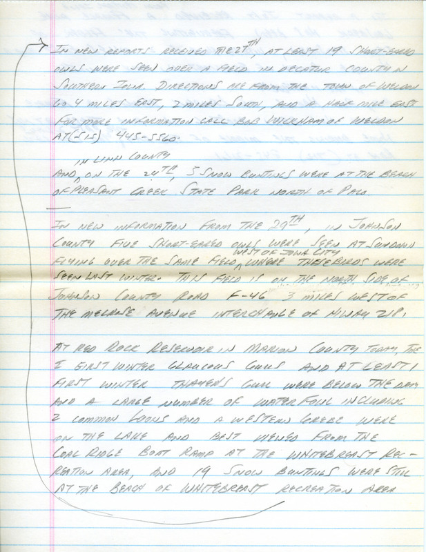 Email of the Iowa Birdline update for November 26, 1990. Highlights of the update include sightings of a Prairie Falcon, a Snowy Owl, a Eurasian Tree Sparrow, two Scoter species, and three Gull species. Also included are handwritten notes with sightings of Snowy Owls, a female Pine Siskin, and a female Merlin.