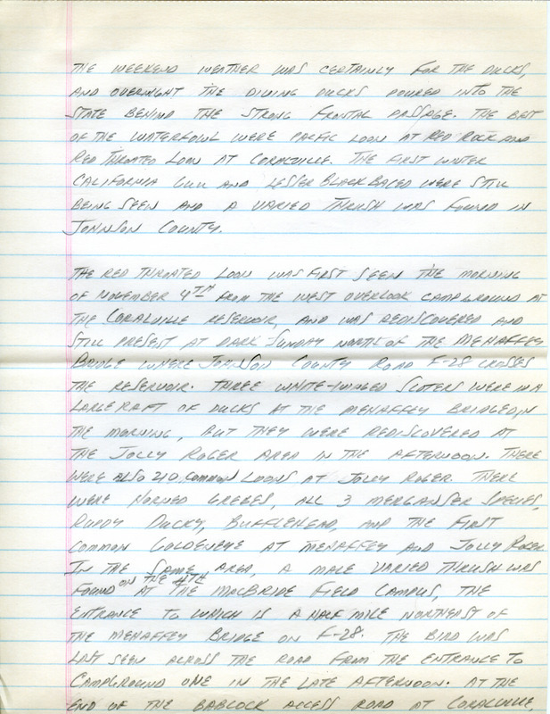 Notes for the Iowa Birdline update for November 5, 1990. Highlights of the notes include sightings of a Pacific Loon, a Red-throated Loon, and a Varied Thrush. Also of note was the continued presence of a first winter California Gull and a first winter Lesser Black-backed Gull.