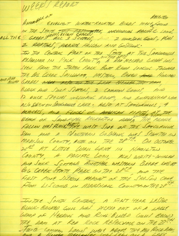 Iowa Birdline update for October 29, 1990. Highlights of the update include sightings of a Pacific Loon, a Prairie Falcon, and a Northern Goshawk. Other interesting observations were of numerous species of Grebes and all 3 species of Scoters.