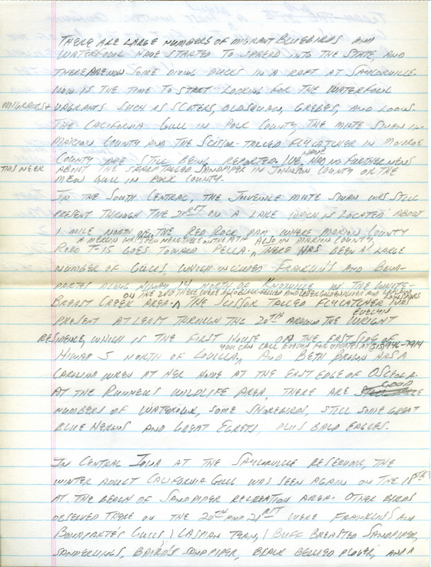 Notes for the Iowa Birdline update for October 22, 1990. Highlights of the notes include the continued presence of a California Gull, a Mute Swan, and a Scissor-tailed Flycatcher. Also of note were the large numbers of migrant bluebirds and waterfowl spreading across the state. Other interesting observations were of a Carolina Wren, a flock of Red Crossbills, and 6 Sparrow species, including a Harris' Sparrow.