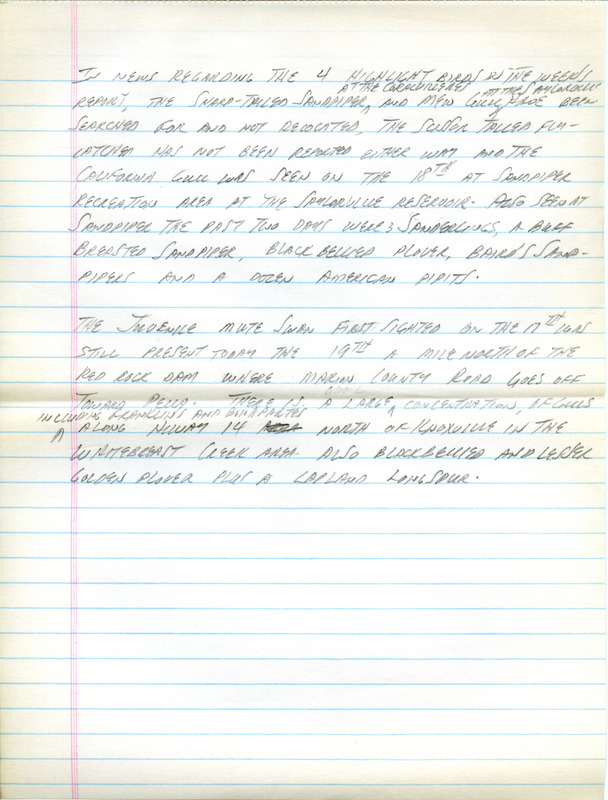 Notes for the Iowa Birdline update for October 19, 1990. Highlights of the notes include updates on previously seen birds, including a Sharp-tailed Sandpiper, a Mew Gull, a Scissor-tailed Flycatcher, and a California Gull.