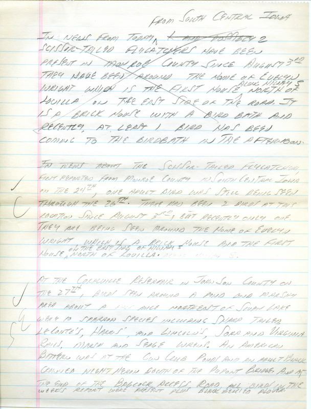 Iowa Birdline update for September 24, 1990. Highlights of the update include the sighting of a Yellow Rail and the continued presence of a California Gull. Also of note was the occurrence of a strong cold front that sent most of the less hardy Warblers south of the state while ushering in a few winter birds. Other interesting observations included a late male Scarlet Tanager, the first Dark-eyed Junco of the fall, 100 American White Pelicans, 125 Great Blue Herons, and 1000 Double-crested Cormorants.