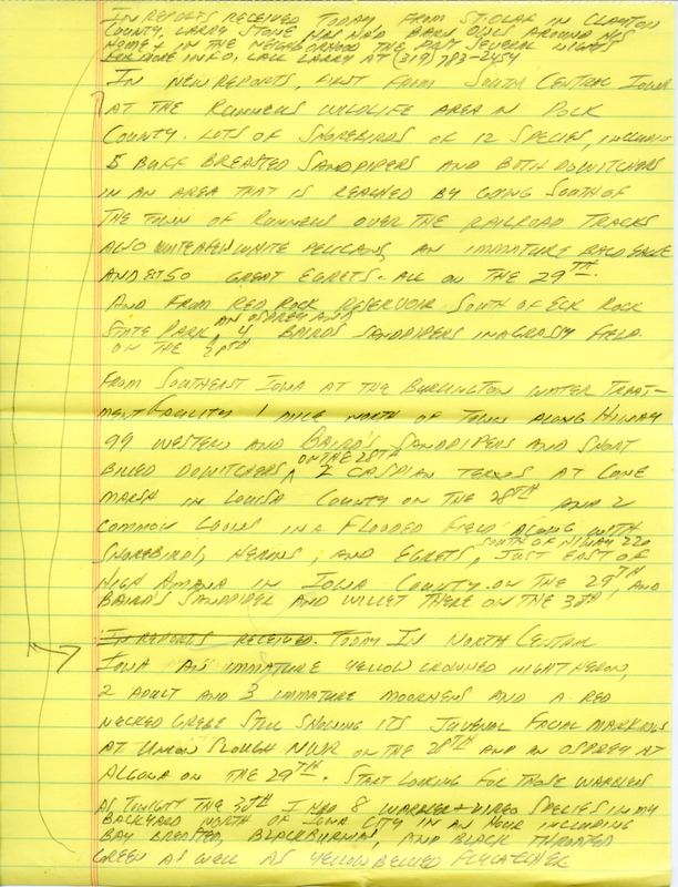 Iowa Birdline update for August 27, 1990. Highlights of the update include sightings of Barn Owls, an immature Bald Eagle, Peregrine Falcons, and a family of Blue Grosbeaks. Also of note were the large numbers of shorebirds, Herons, Egrets, and Warblers.