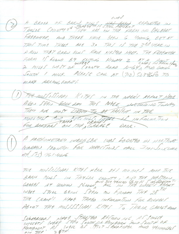 Email of the Iowa Birdline update for June 24, 1991. Highlights include a pair of Mississippi Kites, and all the targeted specialities being seen during an Iowa Ornithologists' Union field trip. Includes hand written notes in preparation for next week's update.