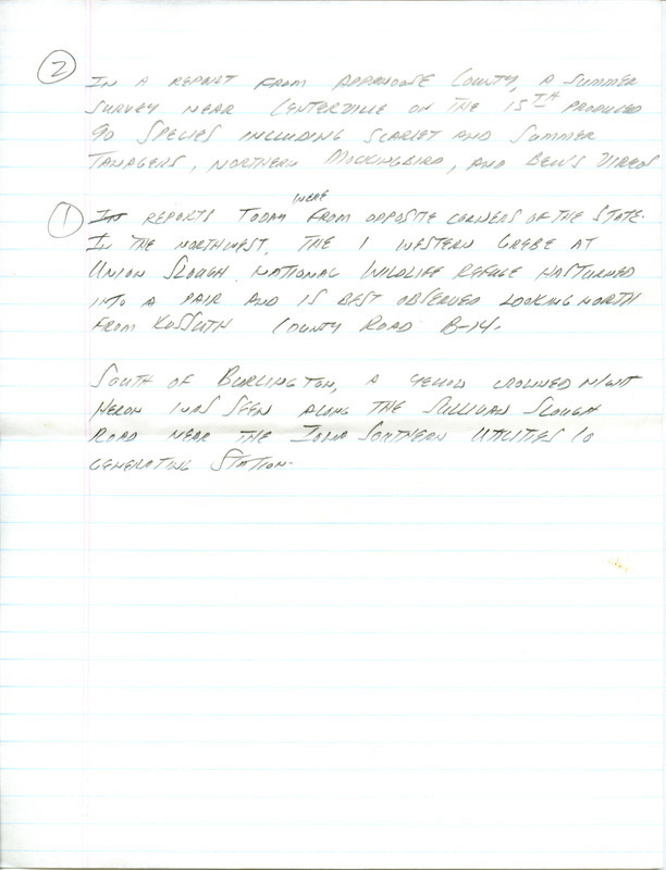 Email of the Iowa Birdline update for June 17, 1991. Highlights include information from a prairie exploration trip around Iowa and the observation that many breeding birds are currently on nest. Includes hand written notes in preparation for next week's update.