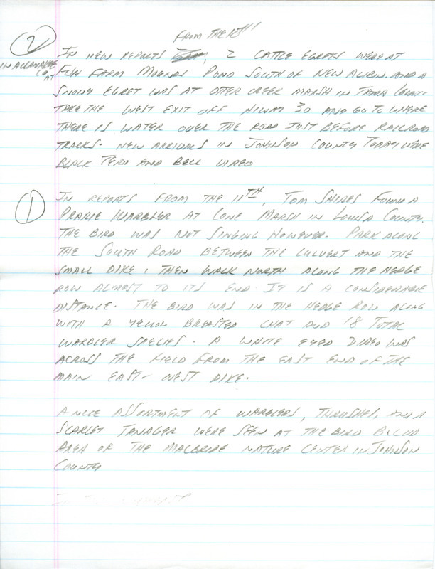 Email of the Iowa Birdline update for May 6, 1991. Highlights include a Tricolored Heron and several new arrivals particularly in the southeast part of the state. Includes hand written notes in preparation for next week's update.