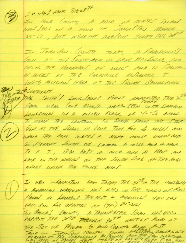 Email of the Iowa Birdline update for March 25, 1991. Highlights include early Eastern Phoebes, a Varied Thrush, a Cinnamon Teal and continued waterfowl migration. Includes hand written notes in preparation for next week's update.