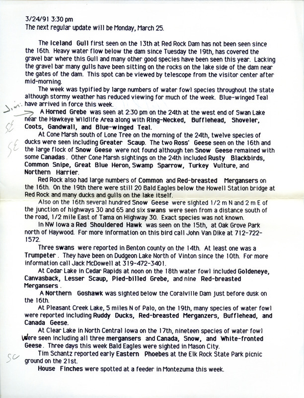 Notes for the Iowa Birdline update for March 24, 1991. Highlights include large numbers of waterfowl throughout the state although stormy weather has reduced viewing for much of the week.