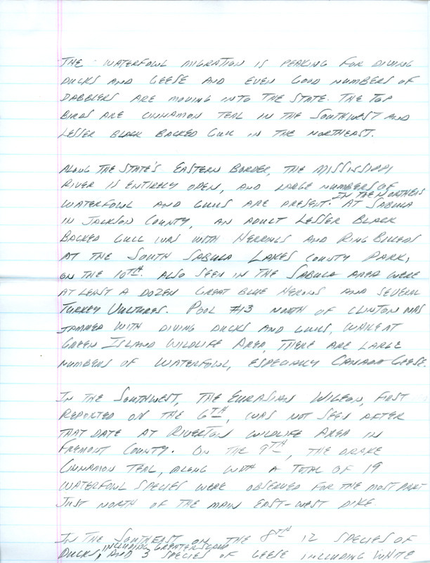 Notes for the Iowa Birdline update for March 11, 1991. Highlights include a Cinnamon Teal and a Lesser Black-backed Gull. Waterfowl migration is peaking for diving ducks and geese.