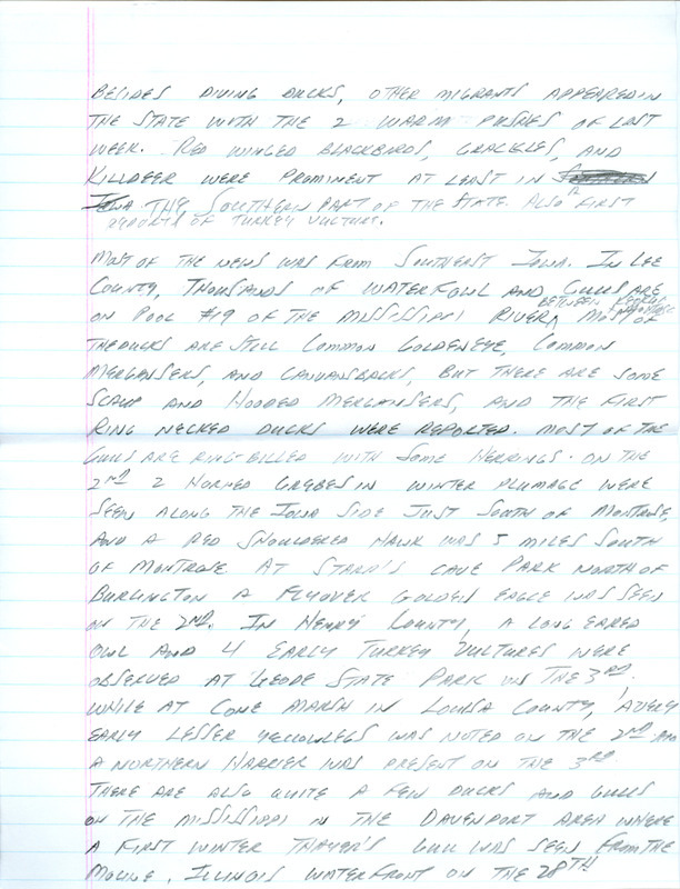 Notes for the Iowa Birdline update for March 4, 1991. Highlights include Red-winged Blackbirds, Common Grackle, Killdeer and the year's first Turkey Vulture.