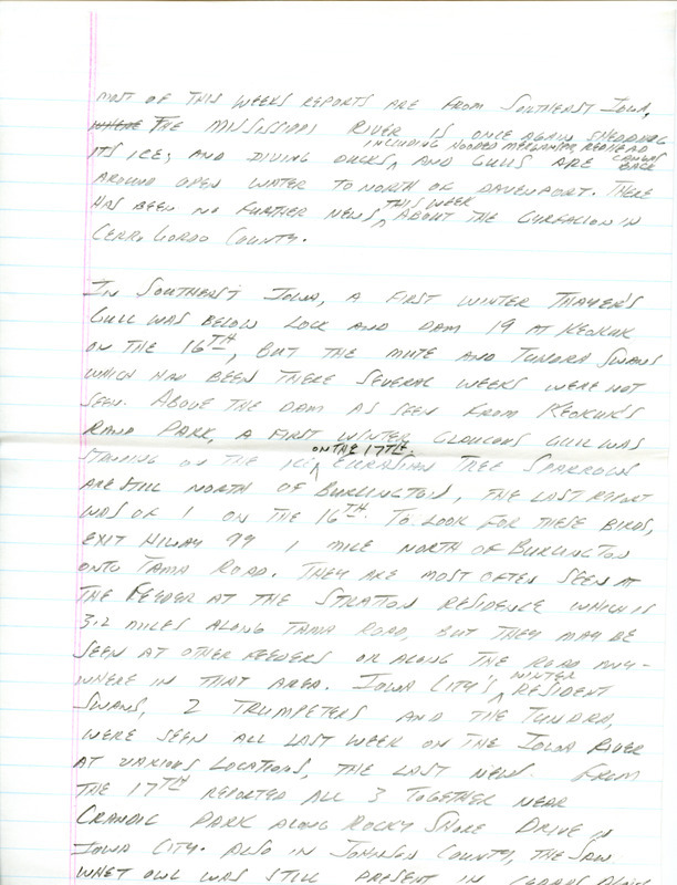 Notes for the Iowa Birdline update for February 18, 1991. Highlights include large numbers of diving ducks and gulls along the Mississippi River as far north as Le Claire.