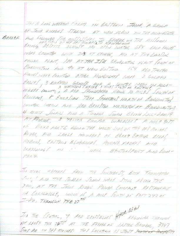 Notes for the Iowa Birdline update for January 28, 1991. Highlights include reports from a long weekend foray a group of Iowa birders took in eastern Iowa.