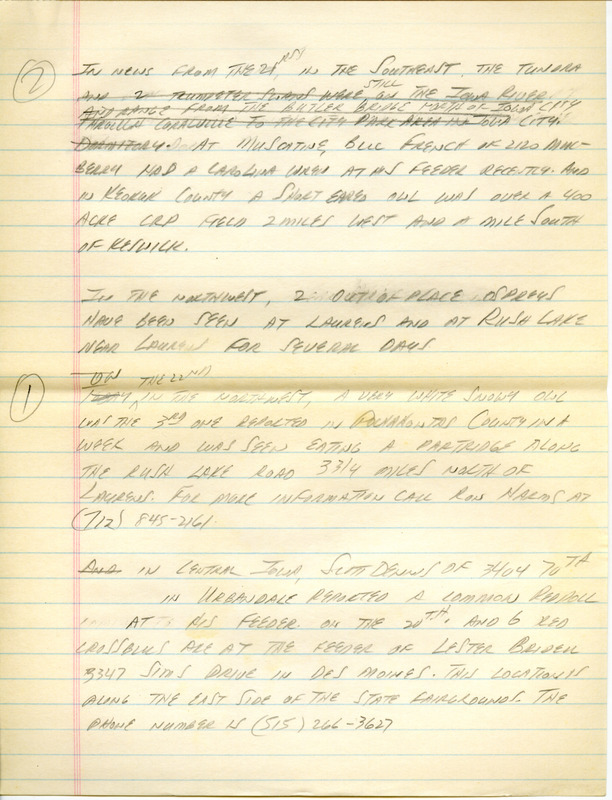 Email of the Iowa Birdline update for January 21, 1991. Highlights include multiple Snowy Owl reports. Includes hand written notes in preparation for next week's update.