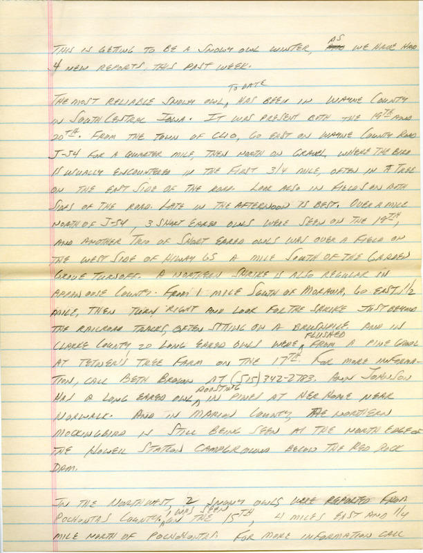 Notes for the Iowa Birdline update for January 21, 1991. Highlights include multiple Snowy Owl reports.