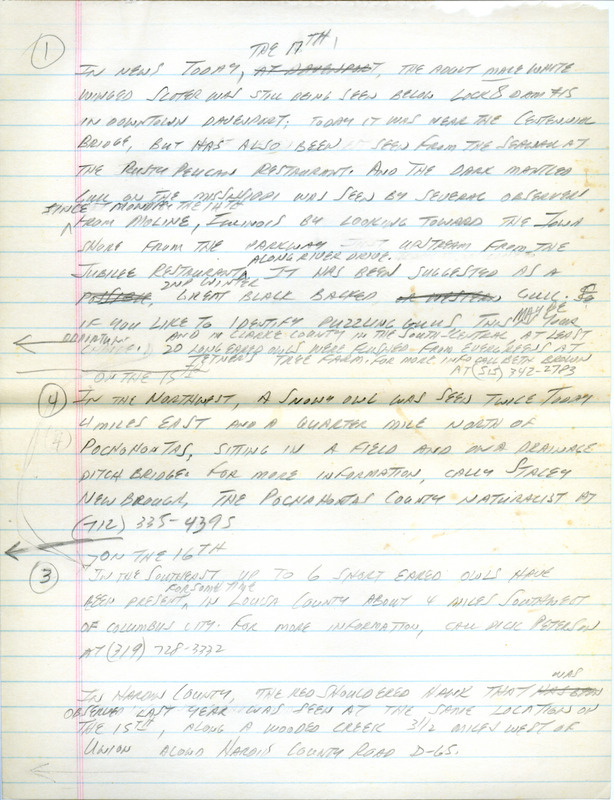 Email of the Iowa Birdline update for January 14, 1991. Highlights include two Snowy Owl reports, a Varied Thrush and Red Crossbills. Includes hand written notes in preparation for next week's update.