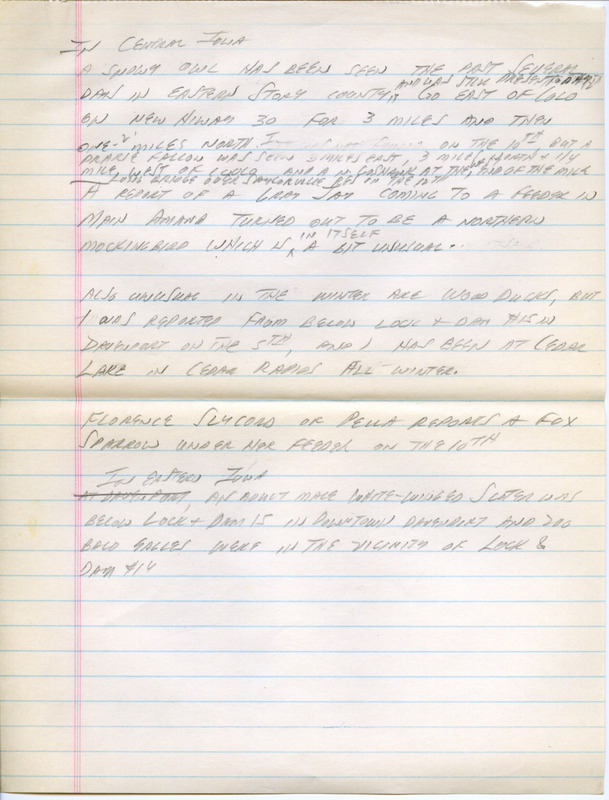 Email of the Iowa Birdline update for January 7, 1991. Highlights include a Yellow Grosbeak and numerous flocks of Lapland Longspurs and Snow Buntings. Includes hand written notes in preparation for next week's update.