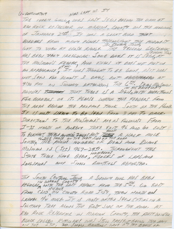 Notes for the Iowa Birdline update for January 7, 1991. Highlights include a Yellow Grosbeak and numerous flocks of Lapland Longspurs and Snow Buntings.