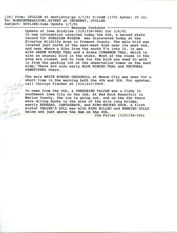 Email of the Iowa Birdline update for March 4, 1991. Highlights include Red-winged Blackbirds, Common Grackle, Killdeer and the year's first Turkey Vulture. Includes update for March 7, 1991.