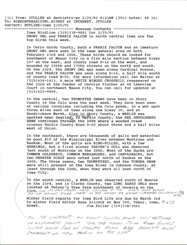 Email of the Iowa Birdline update for February 25, 1991. Highlights include a Prairie Falcon and an immature Snowy Owl sighted in the same general area. Includes update for February 28, 1991.