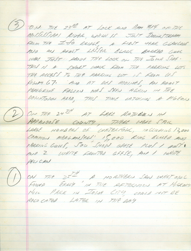 Email of Iowa Birdline updates for December 23, 1991. The highlights for the update include sightings of a Black-legged Kittiwake, Tundra Swan, Trumpeter Swan, Prairie Falcon, two species of gulls and a Golden Eagle. Also included are handwritten notes with sightings of a Northern Saw-whet Owl, large numbers of waterfowl on Rathbun Lake and a Lesser Black-backed Gull.