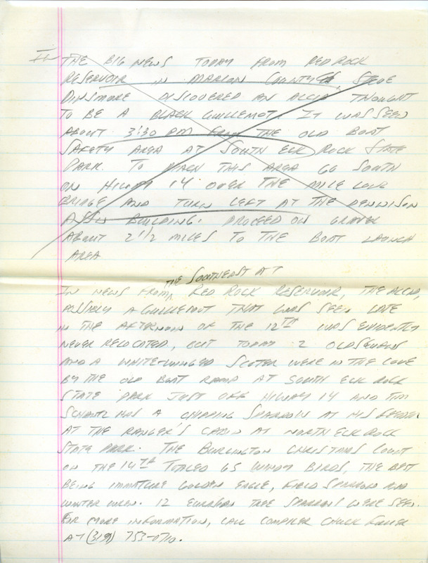 Email of Iowa Birdline updates for December 9, 1991. The highlights for the update include sightings of White-winged Crossbills, Great Black-backed Gull, several Eurasian Tree Sparrows, an adult Mute Swan, immature Golden Eagle and an overwintering Great Blue Heron. Also included are handwritten notes with sightings of several species of Gulls, and a Short-eared Owl.