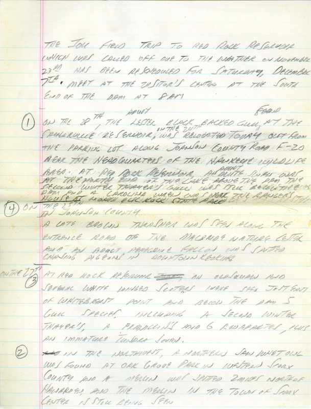 Email of Iowa Birdline updates for November 25, 1991. The highlights for the update include sightings of a White-winged Scoter, Long-tailed Duck, Glaucous, Thayer's and Lesser Black-backed Gulls. Also included are handwritten notes with sightings of a Northern Saw-whet Owl, Brown Thrasher and a Merlin.