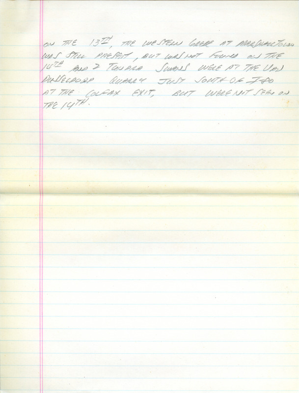 Email of Iowa Birdline updates for November 19, 1991. The highlights for the update include sightings of a Snowy Owl, Pacific Loon, Black-legged Kittiwake and a White-winged Scoter. Also included are handwritten notes with sightings of a Western Grebe, Varied Thrush and a Northern Goshawk.